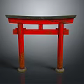 Red Traditional Japanese Torii Gate With Wooden Structure And Stone Base