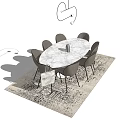 Round Marble Dining Table Set With Six Gray Chairs Modern Hanging Light And Patterned Rug 3d model