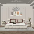 Elegant Bedroom Interior Design With Crystal Chandelier Beige Upholstered Bed And Framed Artworks