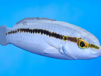 Vibrant Tropical Fish With White Body Black Stripe And Yellow Eyes In Blue Aquatic Environment 3d model