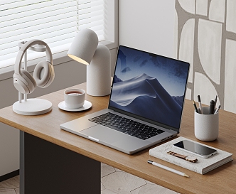 Apple Laptop Computer Ornaments Desk Lamp Office Supplies Headphones Mobile Phone Books Watch Accessories Furnishings 3d model