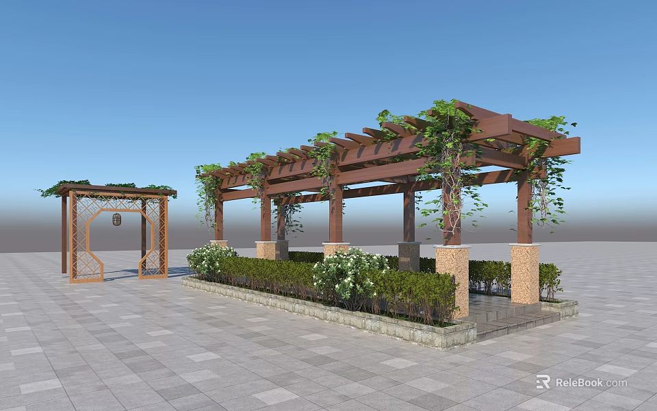 Scenic Park Landscape Featuring Wooden Pergola Climbing Vines Green Bushes Arched Gateway And Stone Pavement 3d model 