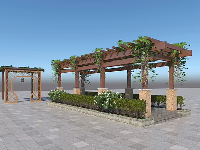 Scenic Park Landscape Featuring Wooden Pergola Climbing Vines Green Bushes Arched Gateway And Stone Pavement 3d model