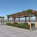 Scenic Park Landscape Featuring Wooden Pergola Climbing Vines Green Bushes Arched Gateway And Stone Pavement