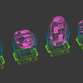Four Black Decorative Stage Lights With Purple Illumination For Event Performance