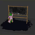 Game Movie Character in White Coat Hat Writing on Blackboard with Blue Liquid Around