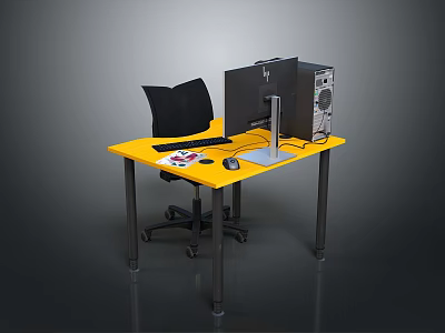 Yellow Desk Workstation With Computer Monitor Tower Keyboard Mouse And Black Chair 3d model