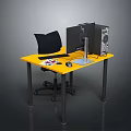 Yellow Desk Workstation With Computer Monitor Tower Keyboard Mouse And Black Chair