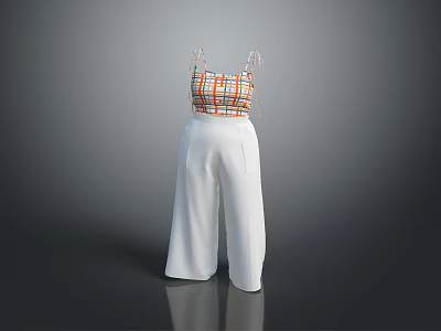 Women's Plaid Camisole And White Wide Leg Pants Casual Clothing Set 3d model