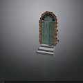 Architectural Red Brick Arched Frame With Green Wooden Door And Steps