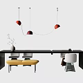 Modern Black Dining Table Set With Yellow Bench And Red Pendant Lights 3d model