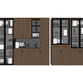 Modern Wooden Bookcase Interior With Glass Doors Open Shelves Books And Decorations