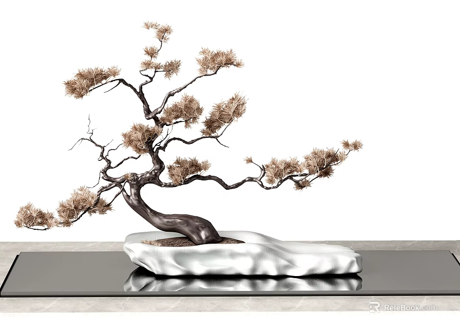 Decorative Bonsai Tree With Curved Branches Brown Pine Needles On White Base And Black Tabletop 3d model 