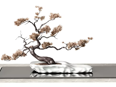 Decorative Bonsai Tree With Curved Branches Brown Pine Needles On White Base And Black Tabletop 3d model