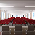 Conference Room Interior With Rows Of Red Seats Windows And Ceiling Lighting