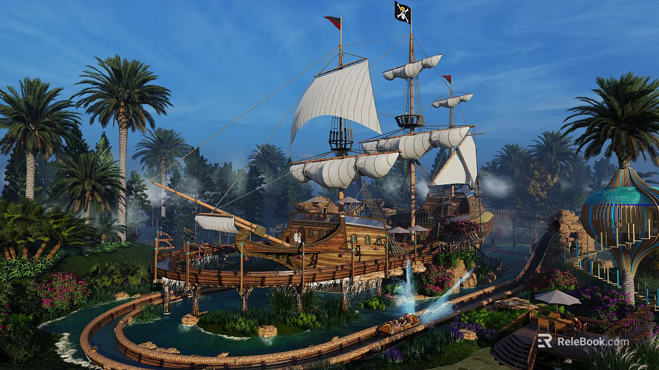 Vintage Pirate Ship With White Sails Palm Trees Water And Roller Coaster Track 3d model 