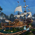 Vintage Pirate Ship With White Sails Palm Trees Water And Roller Coaster Track