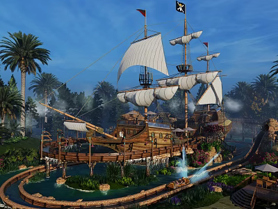 Vintage Pirate Ship With White Sails Palm Trees Water And Roller Coaster Track 3d model