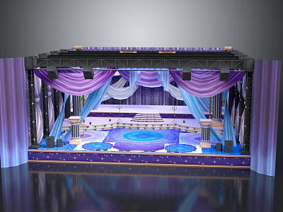 Luxurious Event Stage With Purple Blue Drapes And Floor Decorations 3d model
