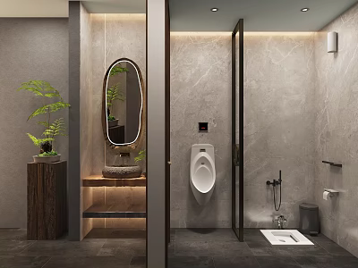 Modern Hotel Bathroom Interior With Warm Lighting Oval Mirror Green Plant And Concrete Walls 3d model