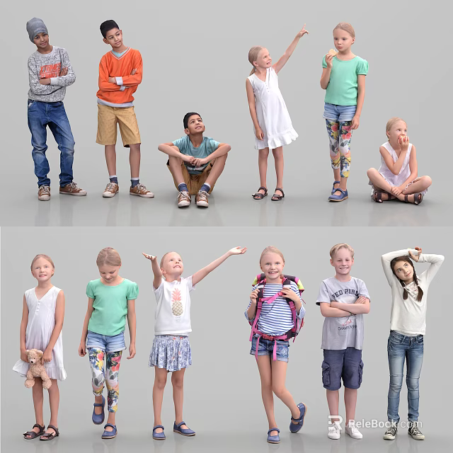 Group of Children in Various Poses and Different Casual Outfits Standing and Sitting 3d model 