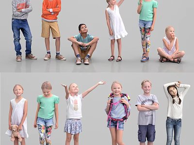 Group of Children in Various Poses and Different Casual Outfits Standing and Sitting 3d model