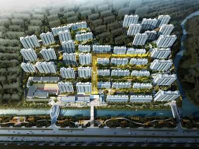 Aerial Planning of Modern Residential Area With White Buildings River Roads and Greenery 3d model