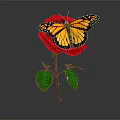 Monarch Butterfly Perched On Vibrant Red Rose With Green Leaves And Stem