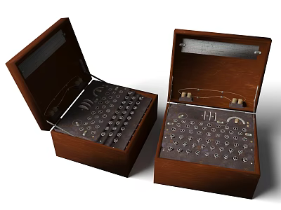 Open Vintage Typewriters in Wooden Cases Showing Classic Keyboards and Mechanisms 3d model