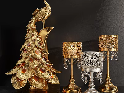 Gold Silver Decorative Ornament Set With Peacock Figurine And Crystal Pendant Candle Holders 3d model