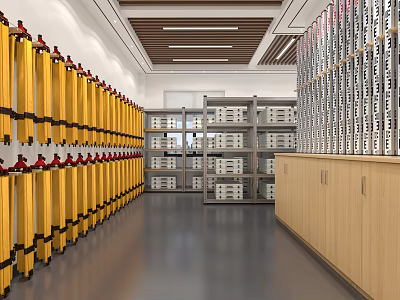 Server Room Interior With Yellow Racks Gray Servers Wooden Ceiling And Metal Shelves 3d model