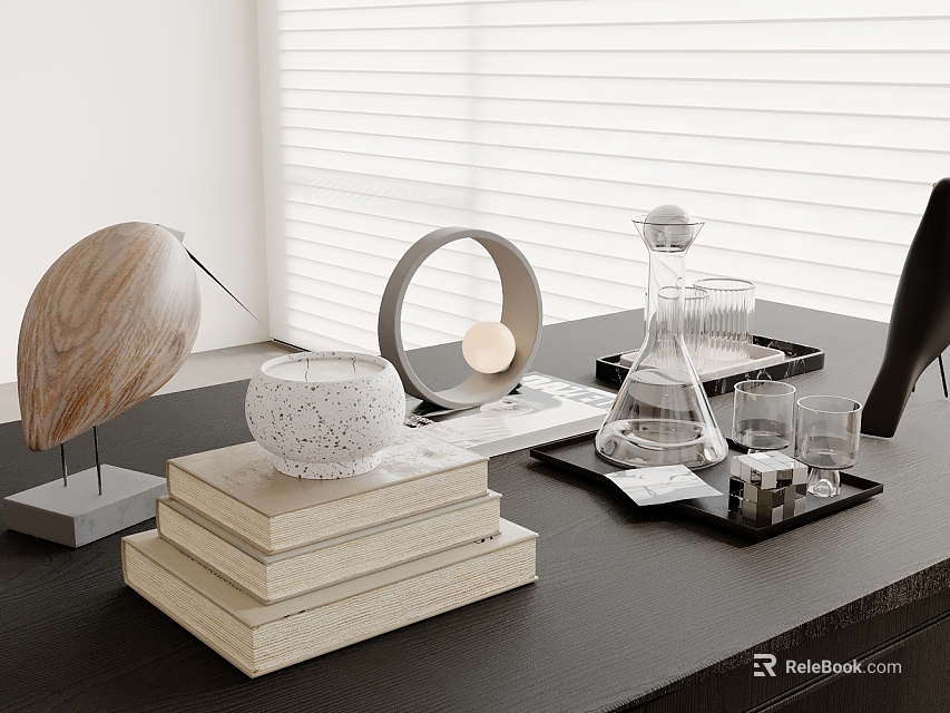 Decorative Inflatable Model Display On Black Table With Wooden Bird Books And Glassware 3d model 