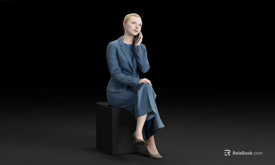 Woman In Blue Suit Sitting On Black Cube Talking On Phone 3d model 