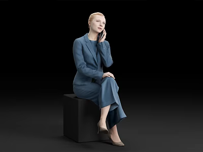 Woman In Blue Suit Sitting On Black Cube Talking On Phone 3d model