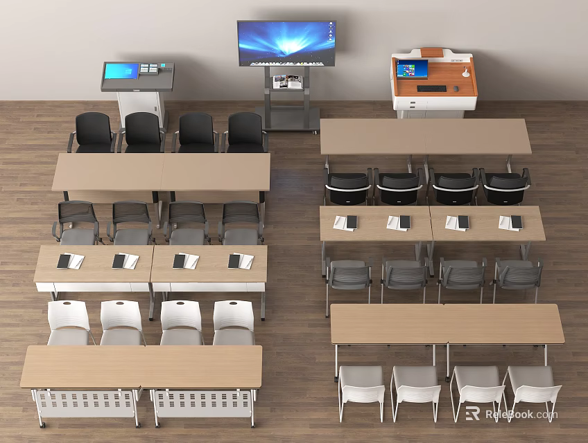 Classroom Table And Chair Set With Multiple Desks And Front Equipment 3d model 