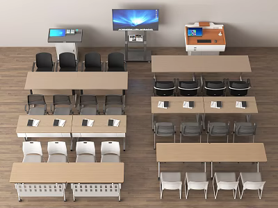 Classroom Table And Chair Set With Multiple Desks And Front Equipment 3d model