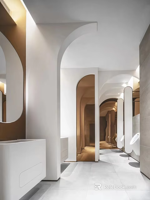 Modern Minimalist Public Toilet Design With Arched Doors Mirrors And Clean White Beige 3d model 