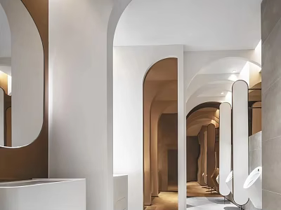 Modern Minimalist Public Toilet Design With Arched Doors Mirrors And Clean White Beige 3d model