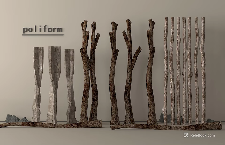 Natural Stone And Wood Decorative Structures With Artistic Branch Designs 3d model 