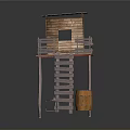 Wooden Tower Structure With Ladder Barrel And Tool Cart On Platform