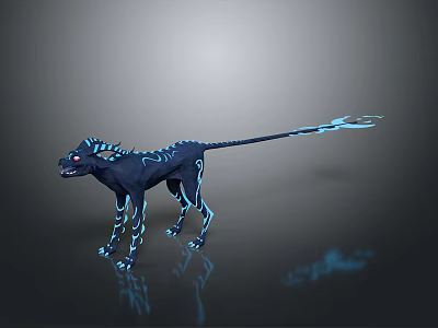 Mythical Black Creature Featuring Blue Glowing Patterns Red Eyes And Luminous Tail On Reflective Surface 3d model