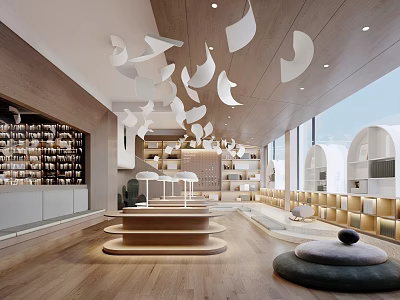 Artistic Bookstore Interior With Shelves And Decor Elements 3d model