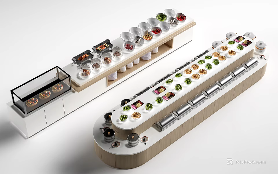 Oval And Rectangular Dining Tables With Conveyor Belts And Assorted Food Bowls 3d model 
