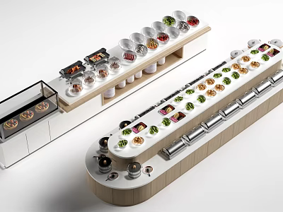 Oval And Rectangular Dining Tables With Conveyor Belts And Assorted Food Bowls 3d model