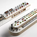 Oval And Rectangular Dining Tables With Conveyor Belts And Assorted Food Bowls