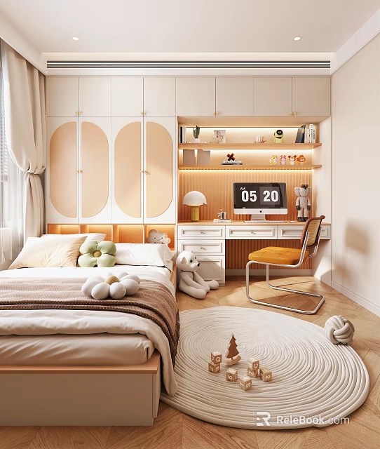 Modern Tatami Bedroom Interior With Stuffed Toys Desk Chair And Bookshelf 3d model 