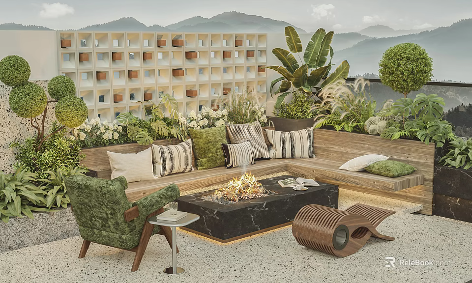 Modern Outdoor Garden Landscape Design With Terrace Fire Pit Sofa And Mountain View Plants 3d model 