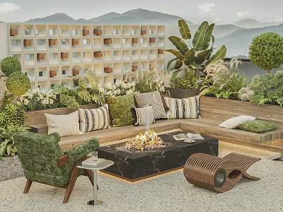 Modern Outdoor Garden Landscape Design With Terrace Fire Pit Sofa And Mountain View Plants 3d model