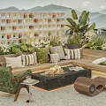 Modern Outdoor Garden Landscape Design With Terrace Fire Pit Sofa And Mountain View Plants