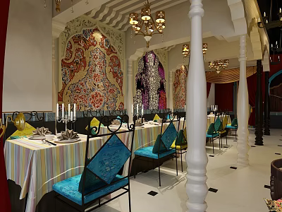 Ornate Restaurant Interior With Colorful Patterned Walls Chandeliers White Columns And Blue Chairs 3d model
